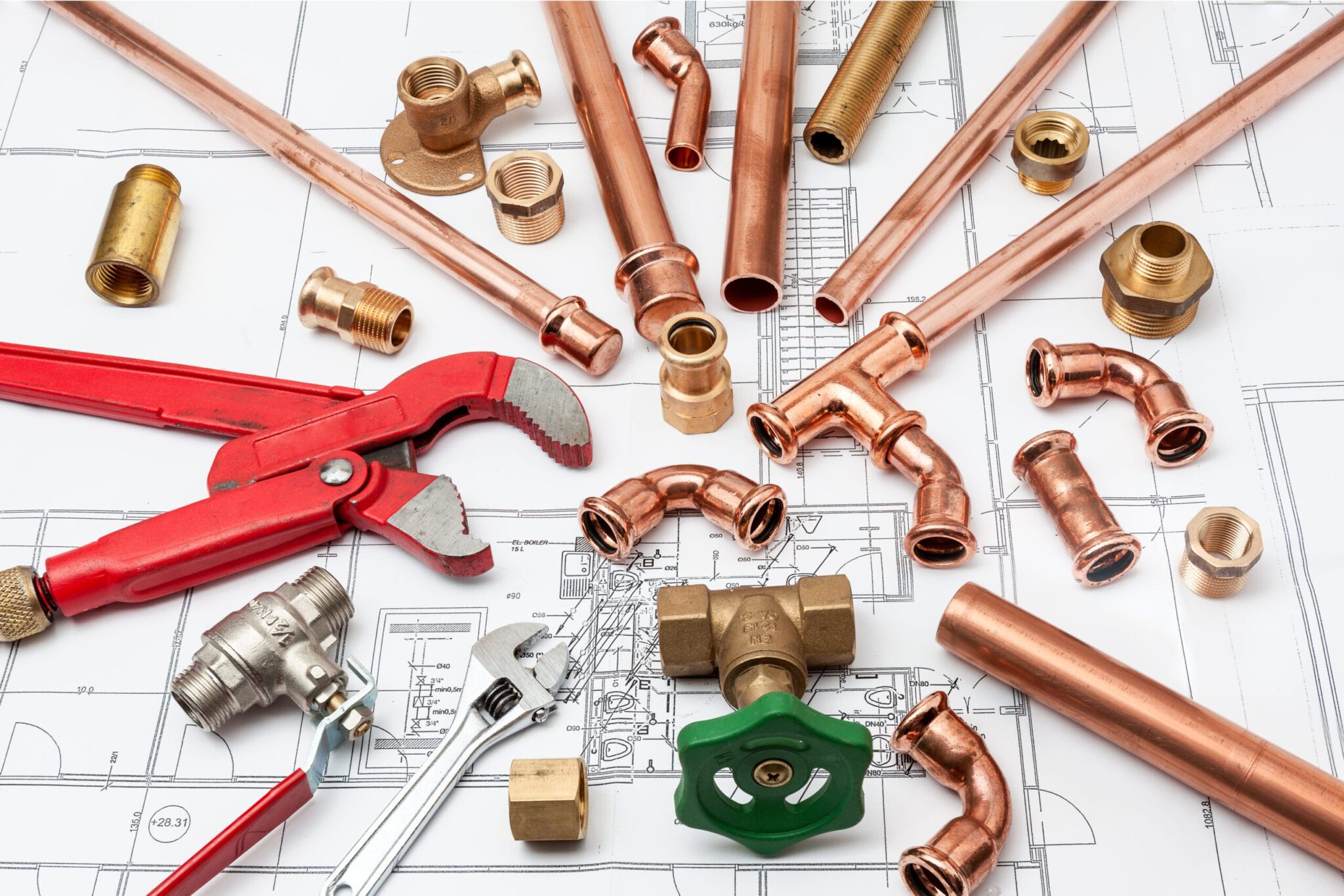 Copper pipes, fittings, valves, and plumbing tools in La Quinta