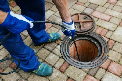 Plumber cleaning an outdoor sewer drain in La Quinta