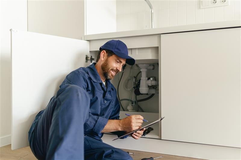 Residential plumber reviewing plumbing repairs in a La Quinta kitchen
