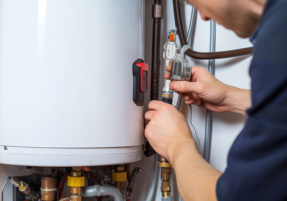Technician repairing pipes connected to a water heater in La Quinta